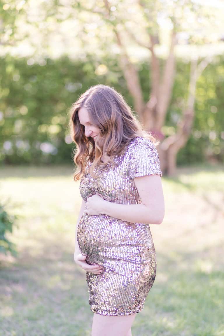 maternity photo, pregnant mom in gold dress